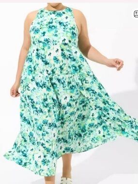 Torrid size 2 2x midi dress high neck green sundre Teal Aqua Floral Summer Dress